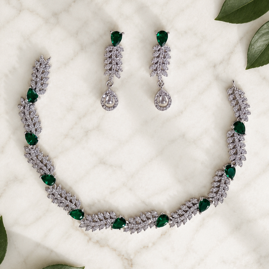 Elyselle Scarlet Emerald AD Necklace Set on marble background