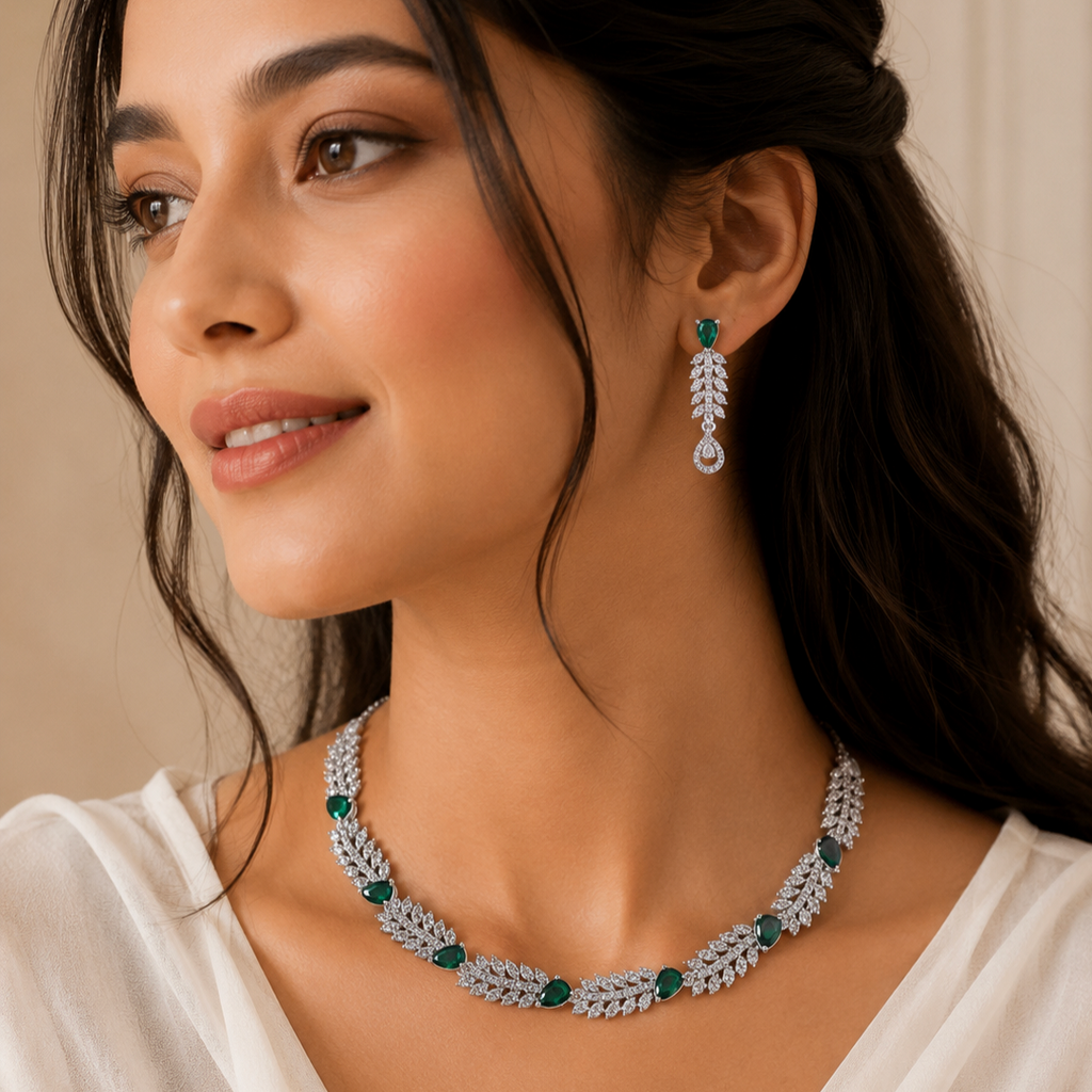 Model wearing Elyselle Scarlet Emerald AD Necklace Set
