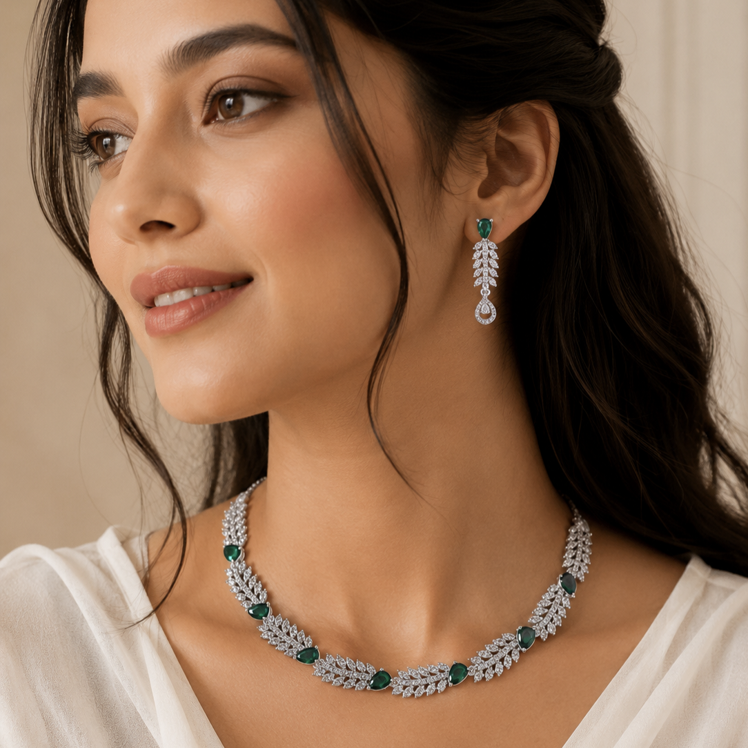 Model wearing Elyselle Scarlet Emerald AD Necklace Set