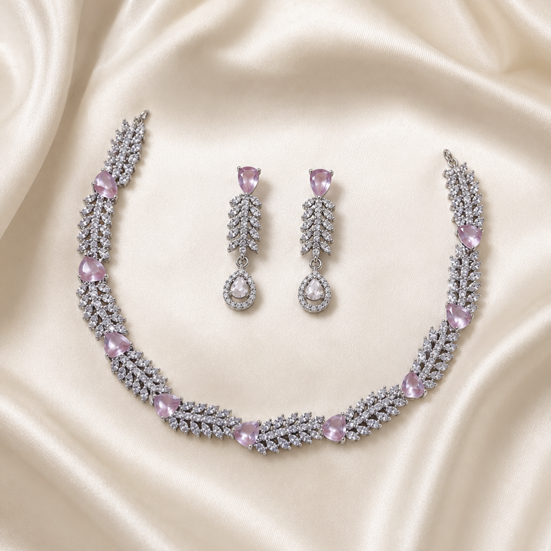 Elyselle Scarlet Blush AD Necklace Set on satin background