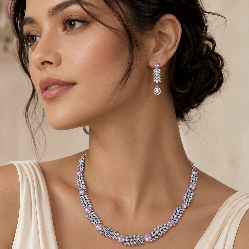 Model wearing Elyselle Scarlet Blush AD Necklace Set