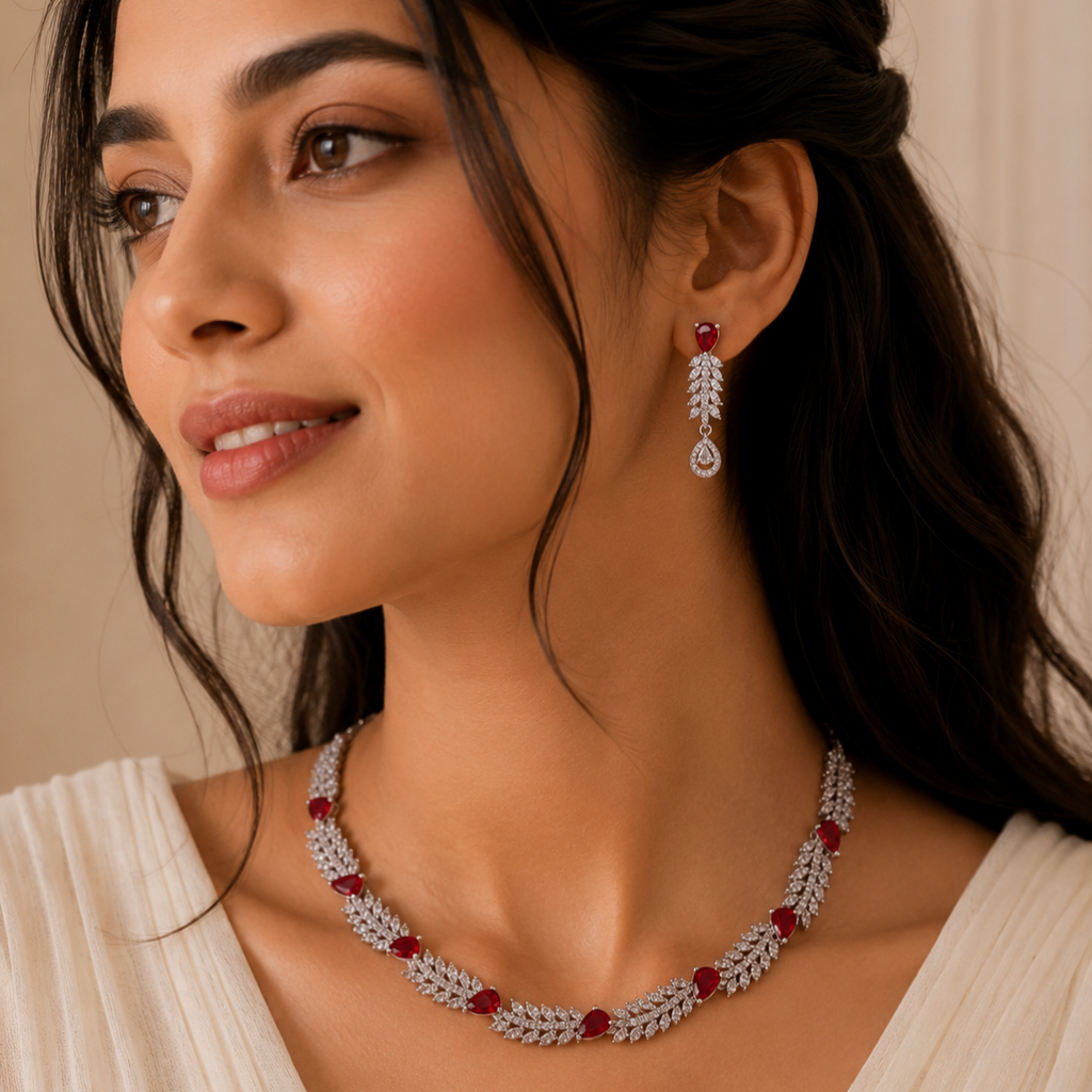 Model wearing Elyselle Scarlet Ruby AD Necklace Set 