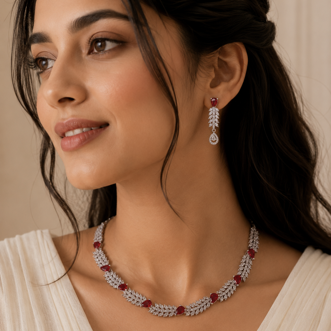 Model wearing Elyselle Scarlet Ruby AD Necklace Set 