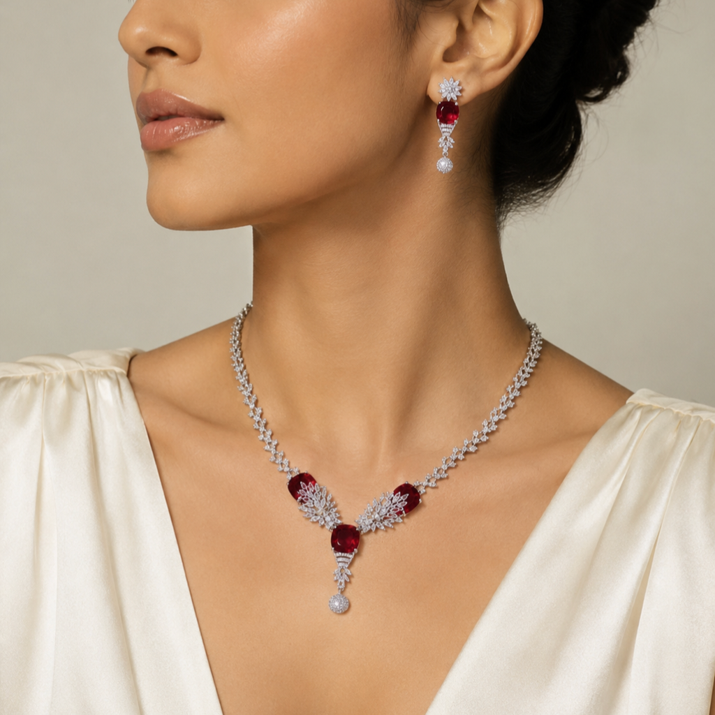 Model wearing Elyselle Camellia Ruby AD Necklace Set