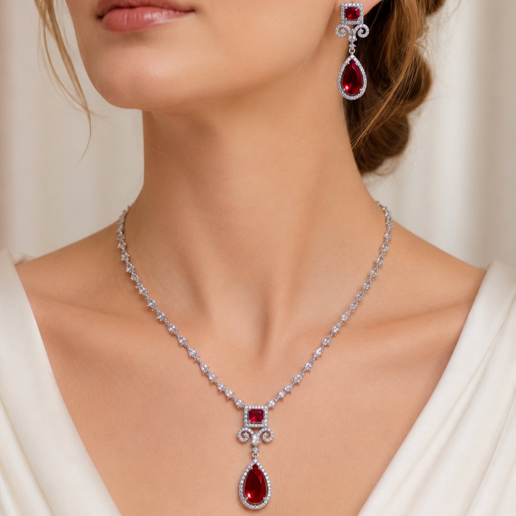 Model wearing Elyselle Elara Ruby AD Necklace Set 