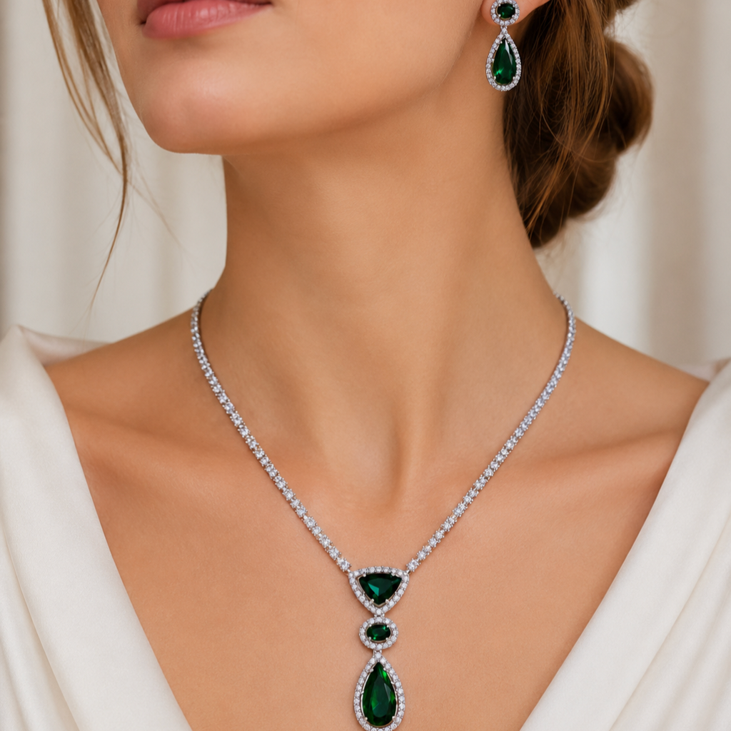 Model wearing Elyselle Celeste Emerald AD Necklace Set
