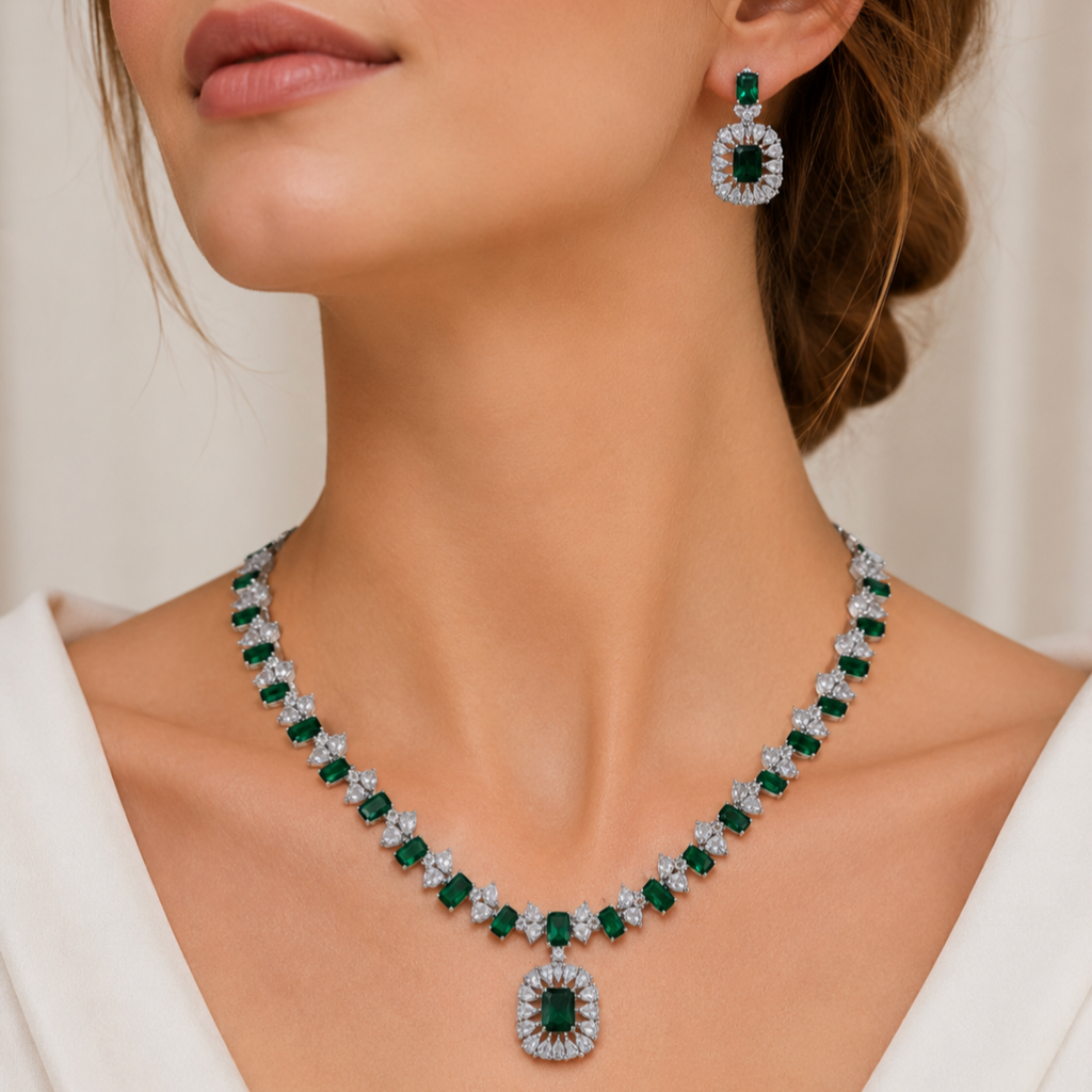Model wearing Elyselle Serene Emerald AD Necklace Set