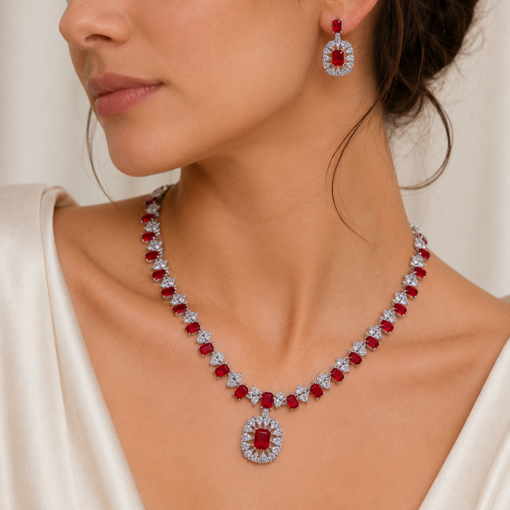 Model wearing Elyselle Serene Ruby AD Necklace Set