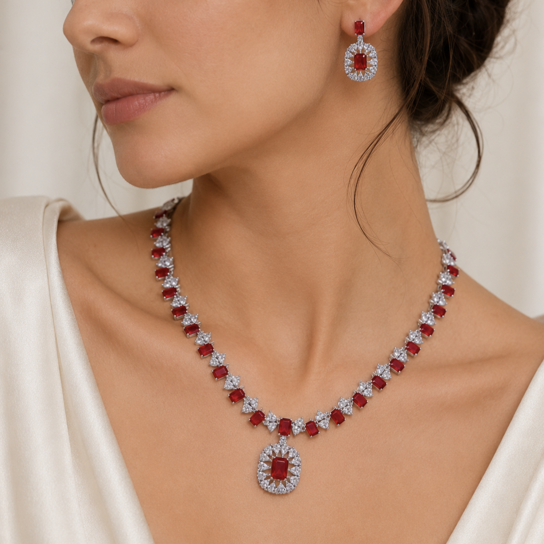 Model wearing Elyselle Serene Ruby AD Necklace Set