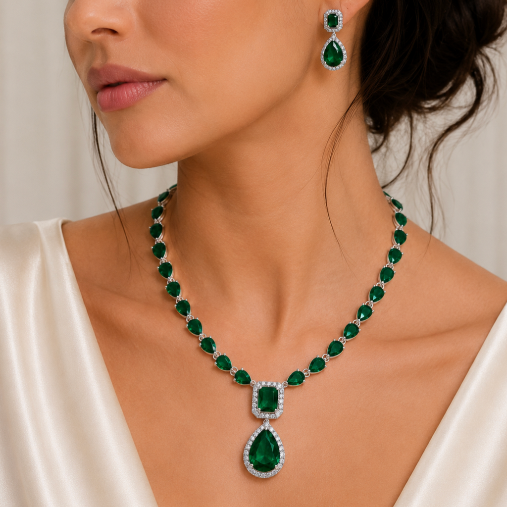 Model wearing Elyselle Aurelia Emerald AD Necklace Set