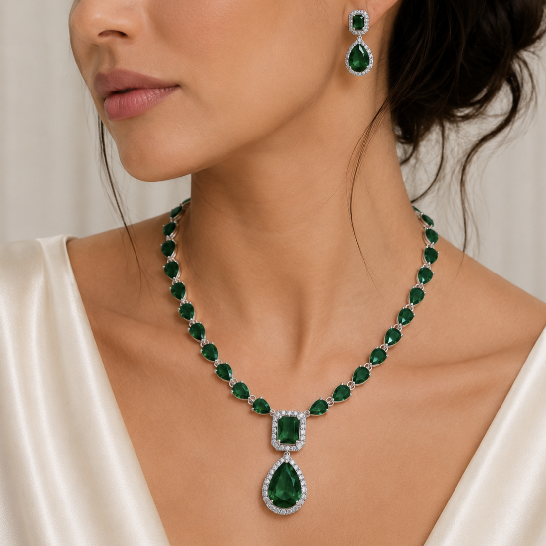 Model wearing Elyselle Aurelia Emerald AD Necklace Set