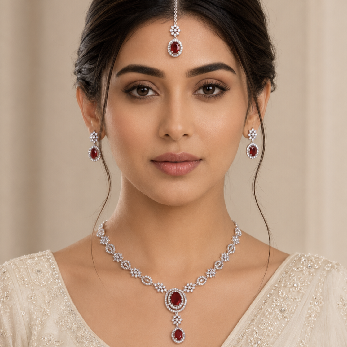 Model Wearing Elyselle Luna Ruby AD Necklace Set