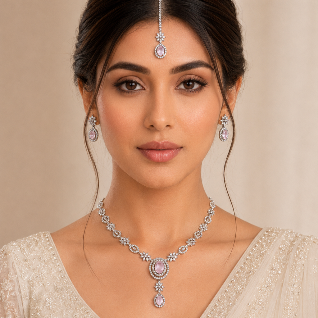 Model wearing Elyselle Luna Blush AD Necklace Set
