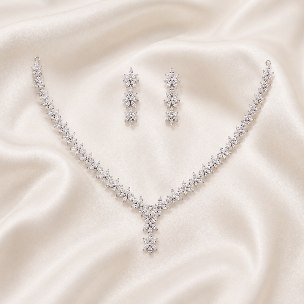 Elyselle Iris Crystal AD Necklace Set on satin background