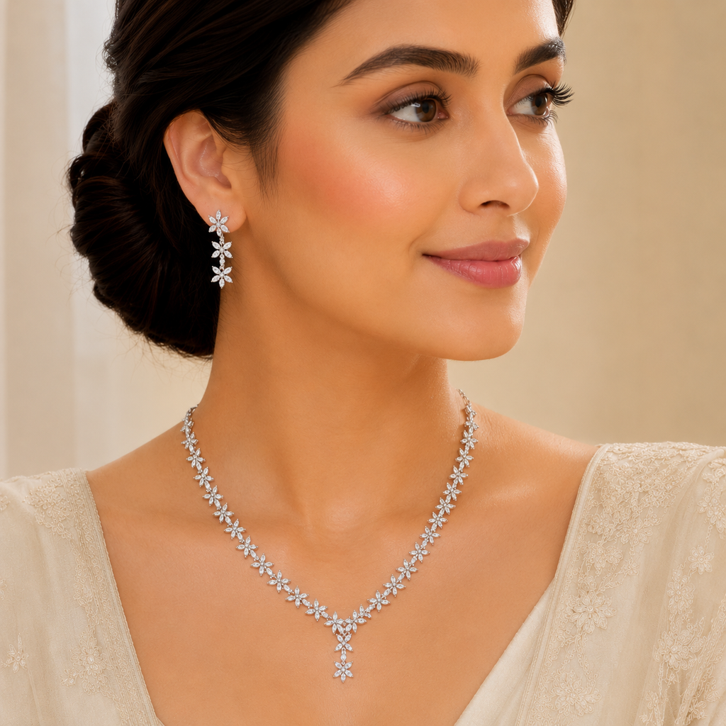 Model wearing Elyselle Iris Crystal AD Necklace Set