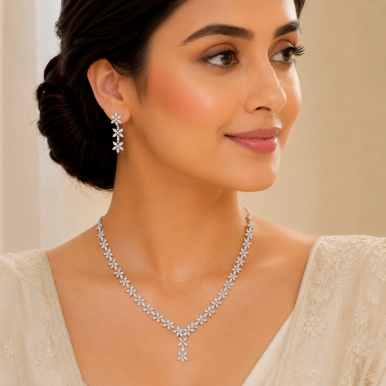 Model wearing Elyselle Iris Crystal AD Necklace Set