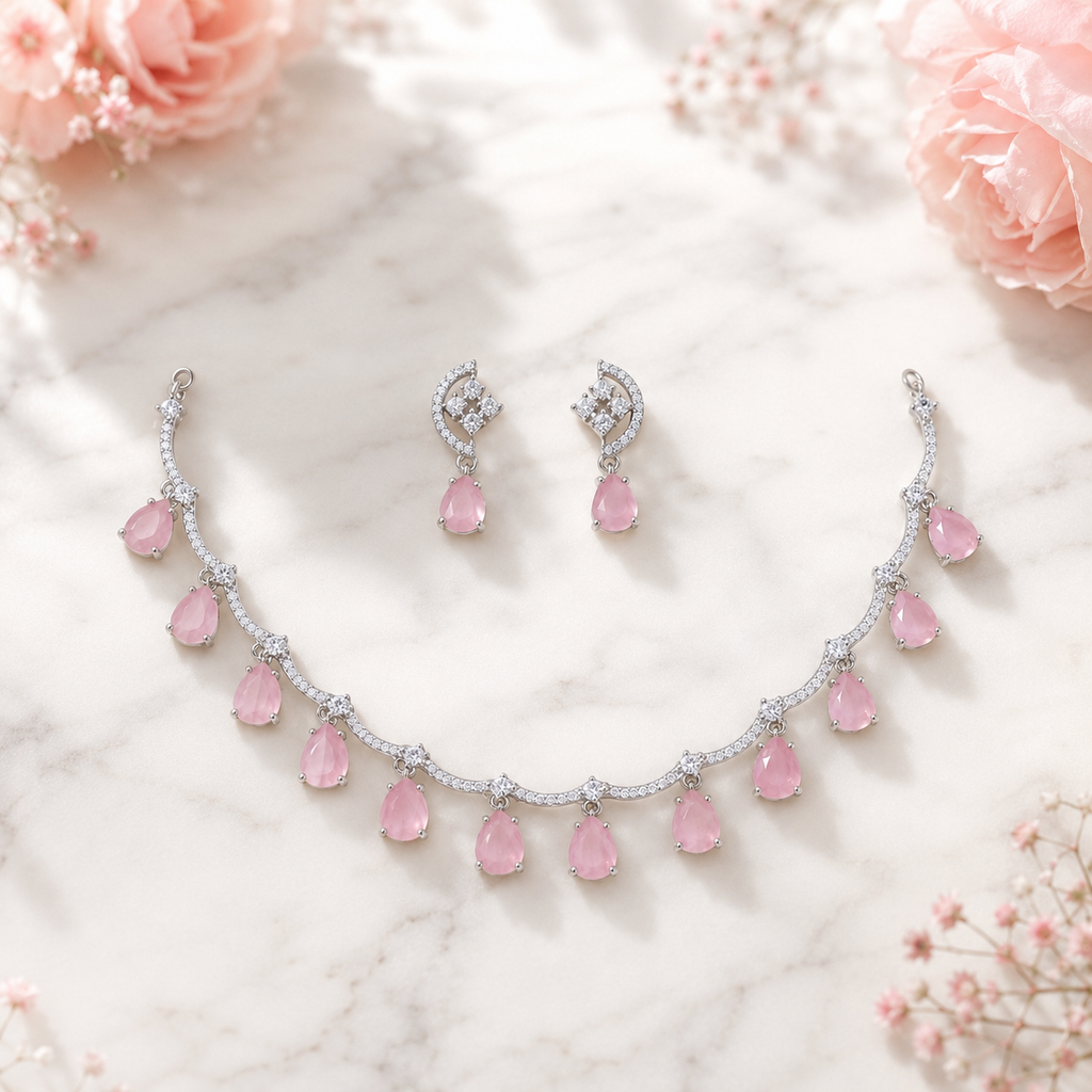 Elyselle Rosalie Blush AD Necklace Set on marble background