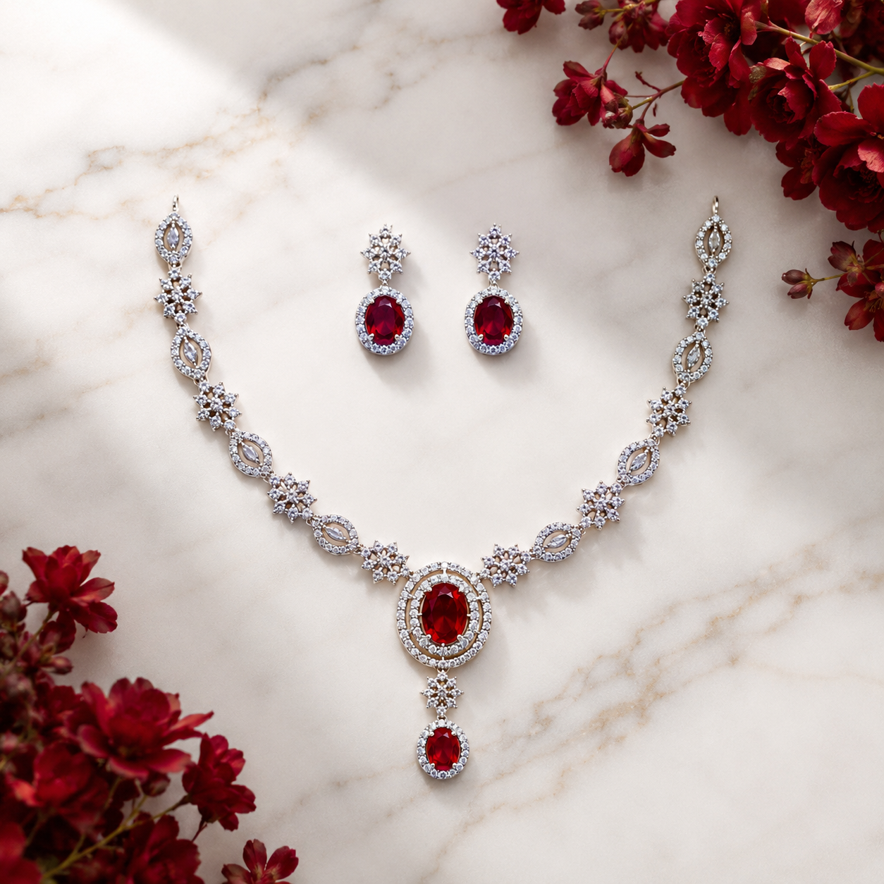 Elyselle Luna Ruby AD Necklace Set on marble background