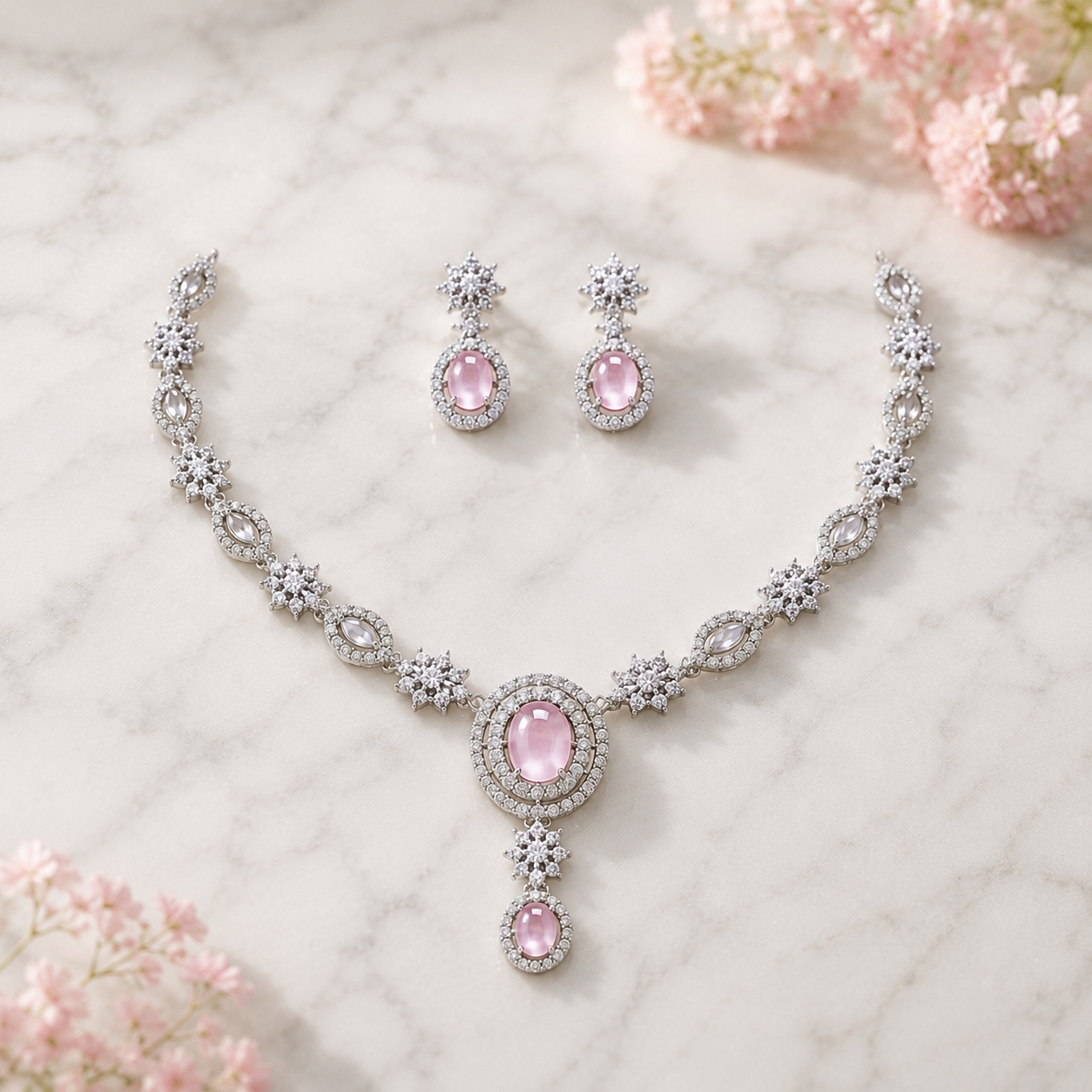 Elyselle Luna Blush AD Necklace Set on marble background