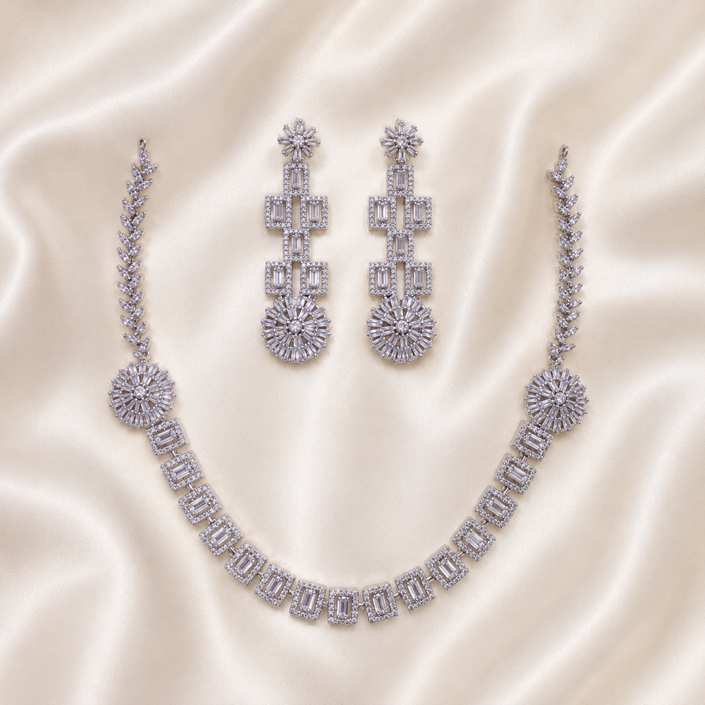 Elyselle Bloom Crystal AD Necklace Set on satin background
