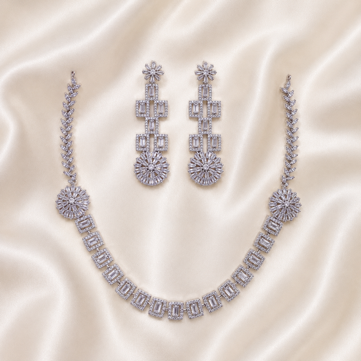 Elyselle Bloom Crystal AD Necklace Set on satin background