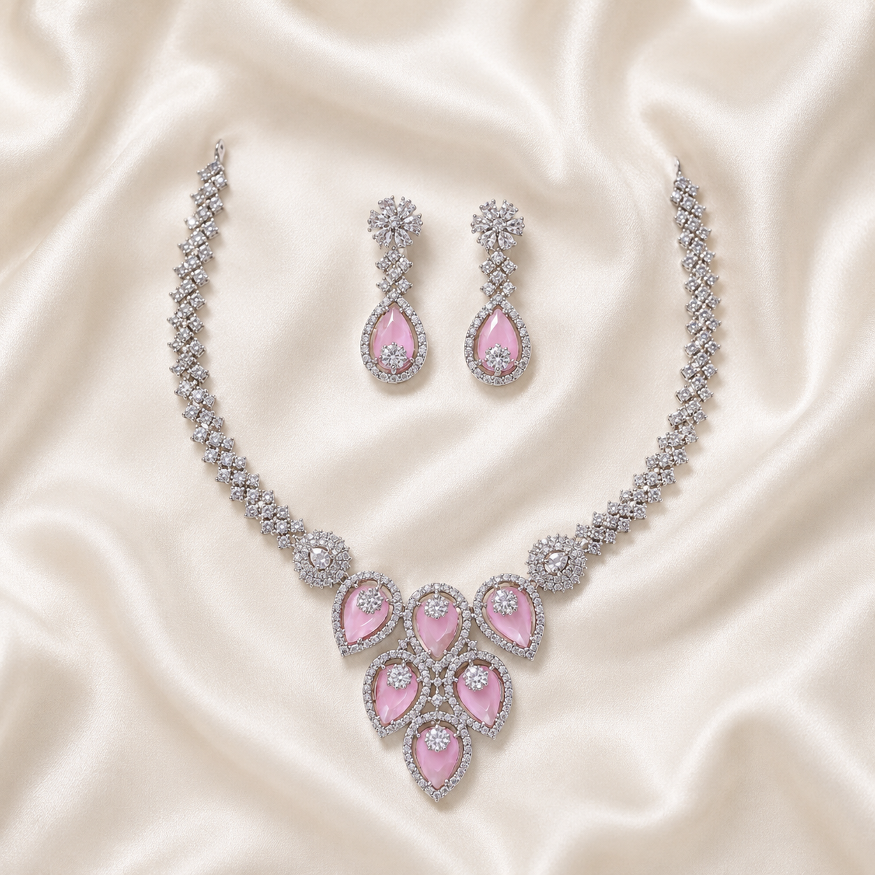 Elyselle Aurora Blush AD Necklace Set on satin background