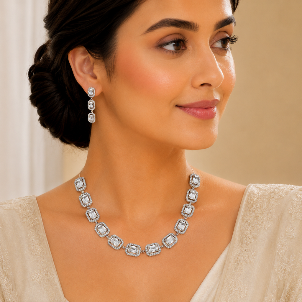 Model wearing Elyselle Opal Crystal AD Necklace Set