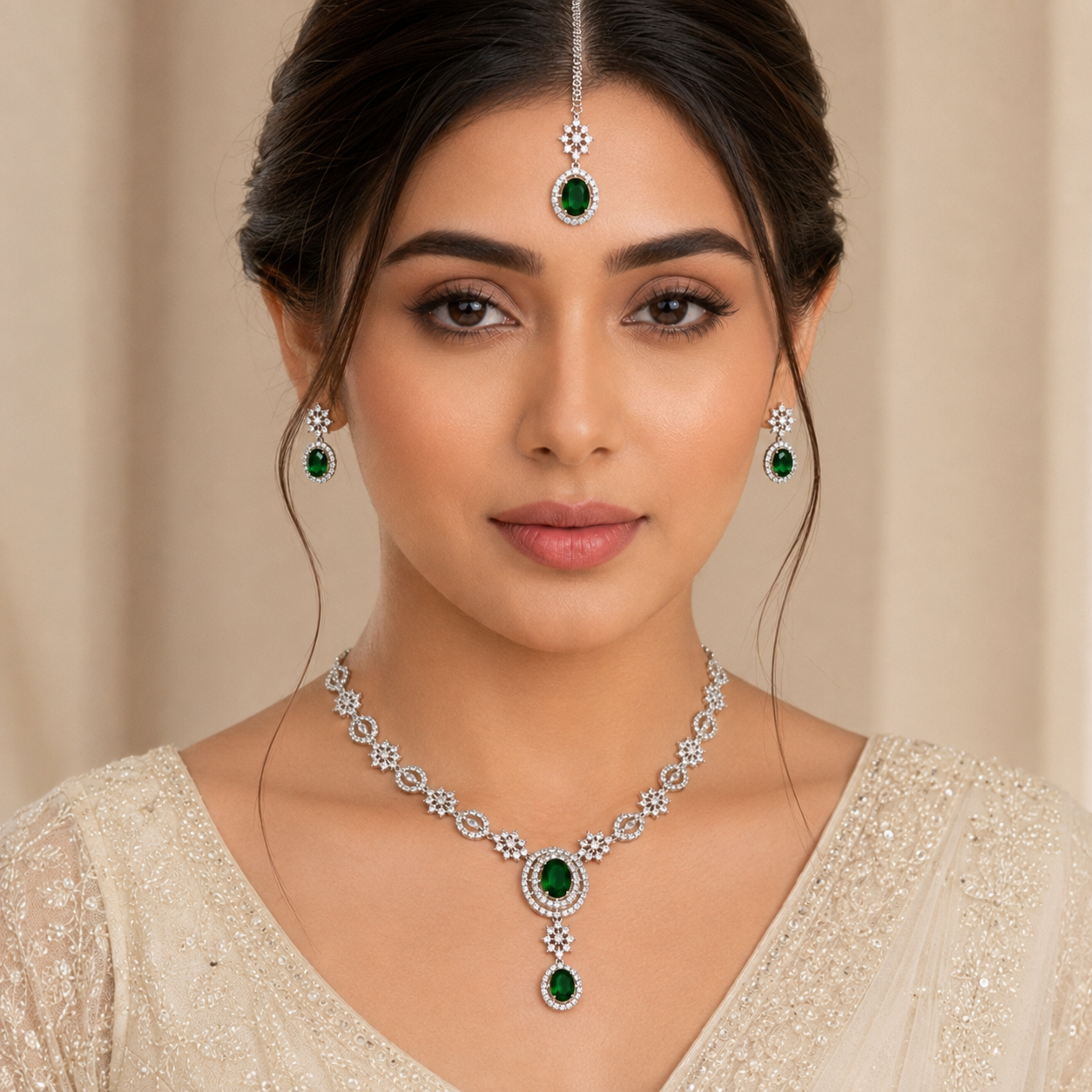 Model wearing Elyselle Luna Emerald AD Necklace Set 