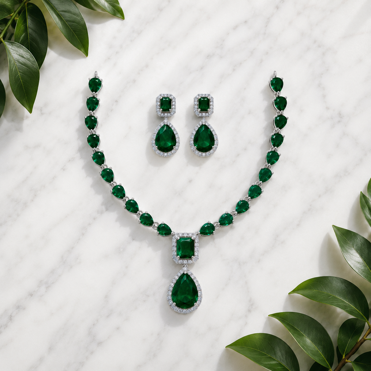 Elyselle Aurelia Emerald AD Necklace Set on marble background