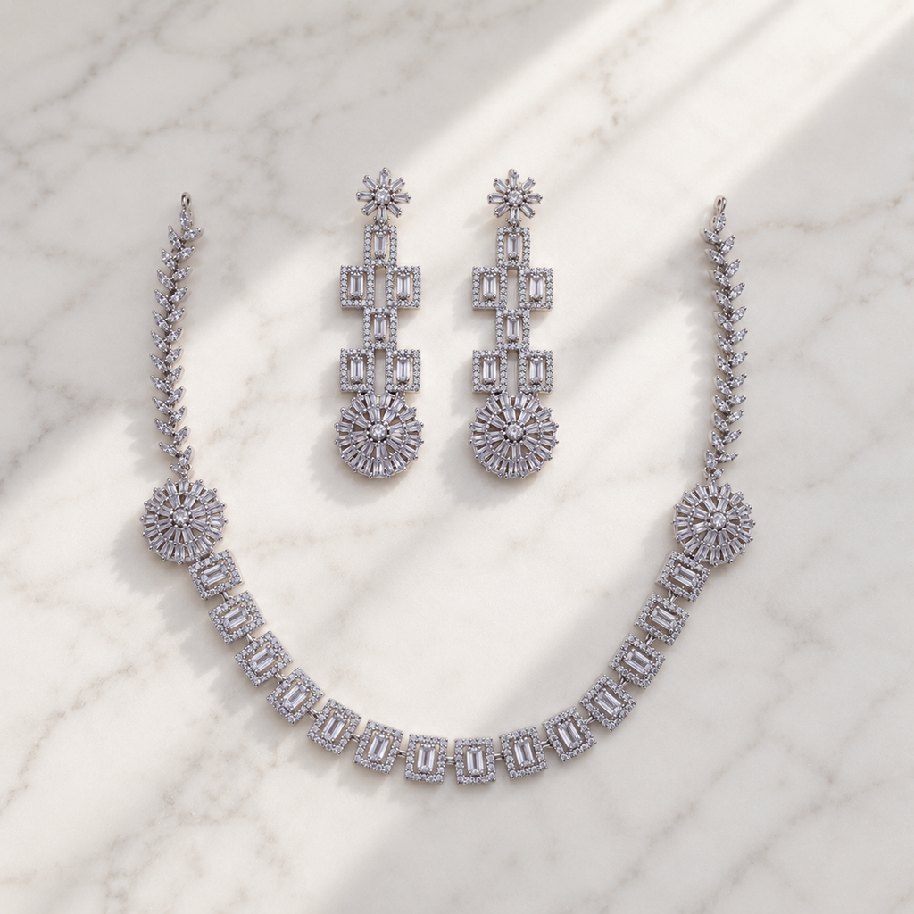 Elyselle Bloom Crystal AD Necklace Set on marble background
