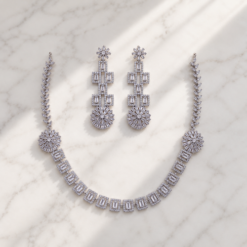 Elyselle Bloom Crystal AD Necklace Set on marble background