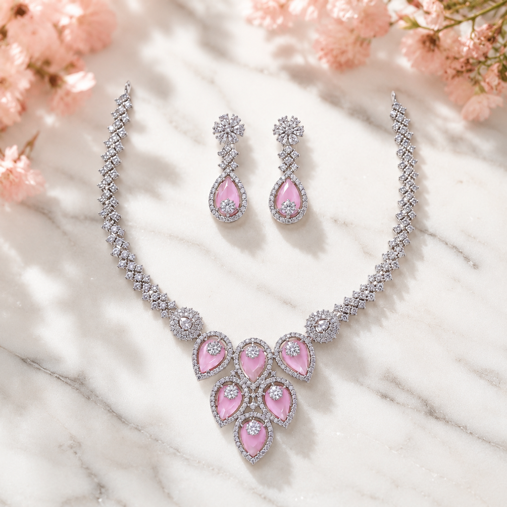 Elyselle Aurora Blush AD Necklace Set on marble background