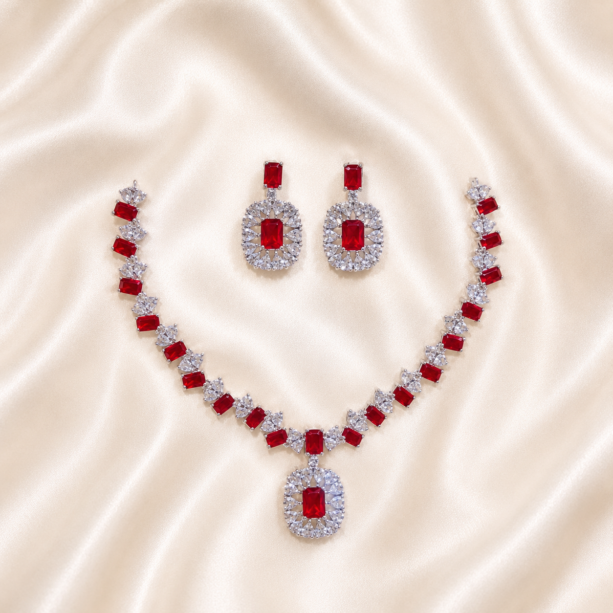 Elyselle Serene Ruby AD Necklace Set on satin background