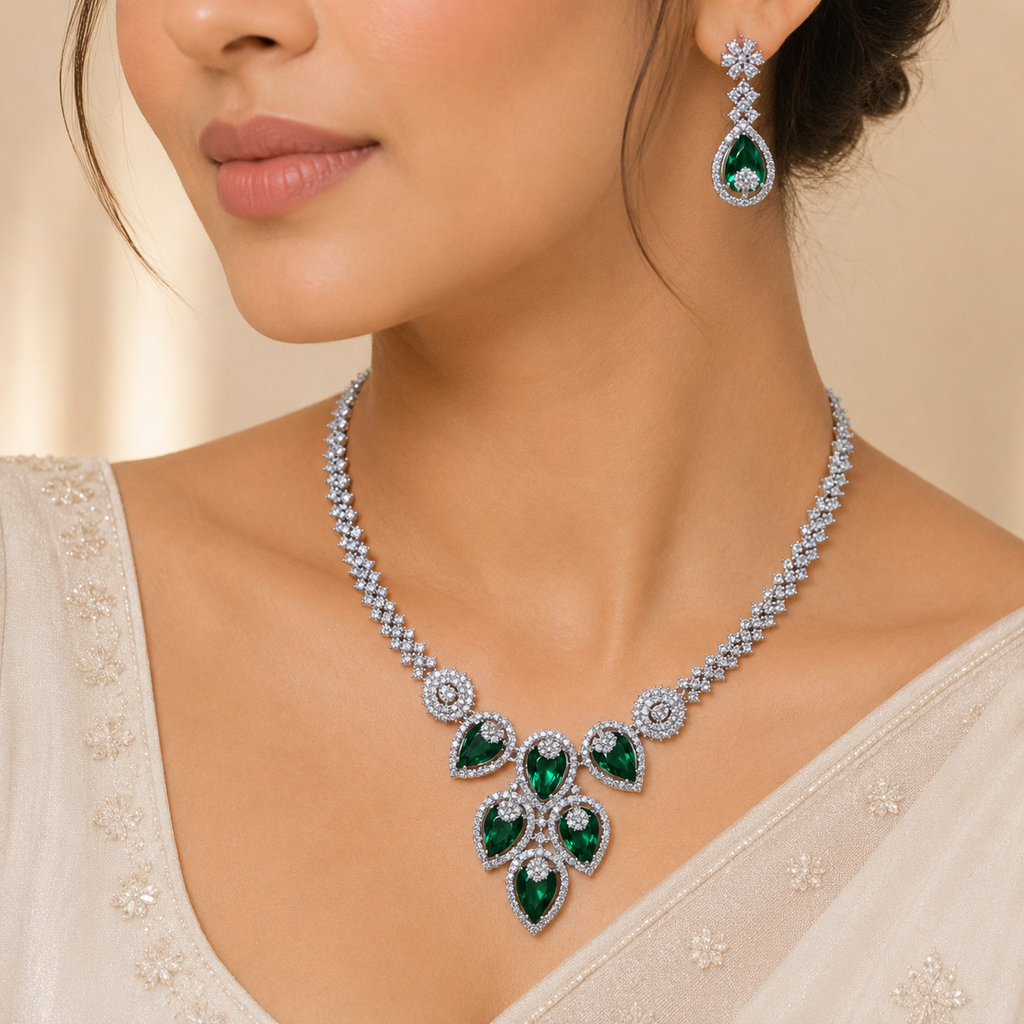 Model wearing Elyselle Aurora Emerald AD Necklace Set 