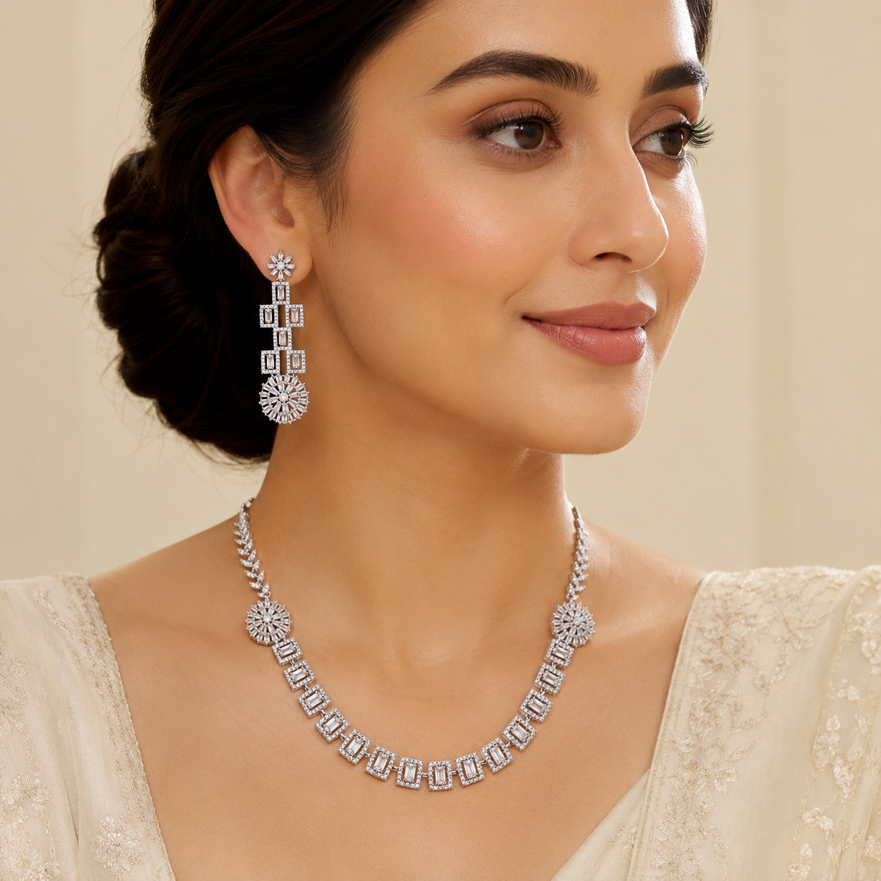 Model wearing Elyselle Bloom Crystal AD Necklace Set