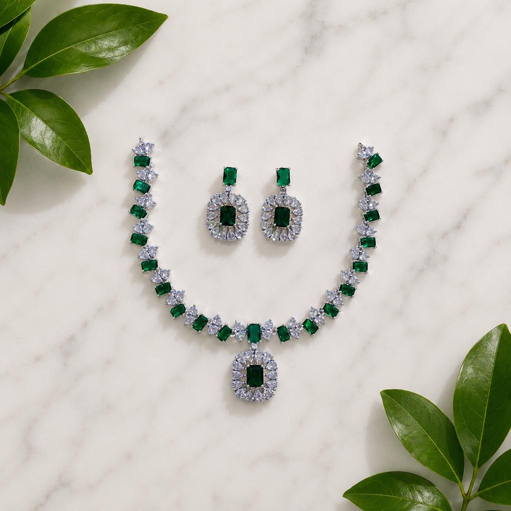 Elyselle Serene Emerald AD Necklace Set on marble background