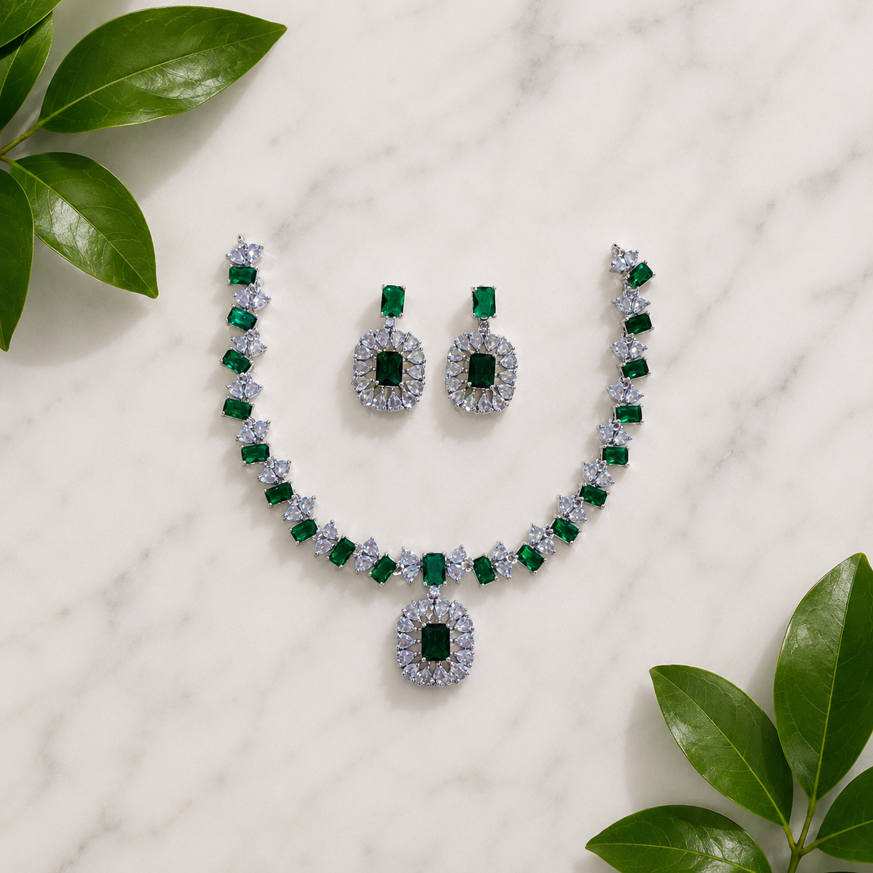 Elyselle Serene Emerald AD Necklace Set on marble background