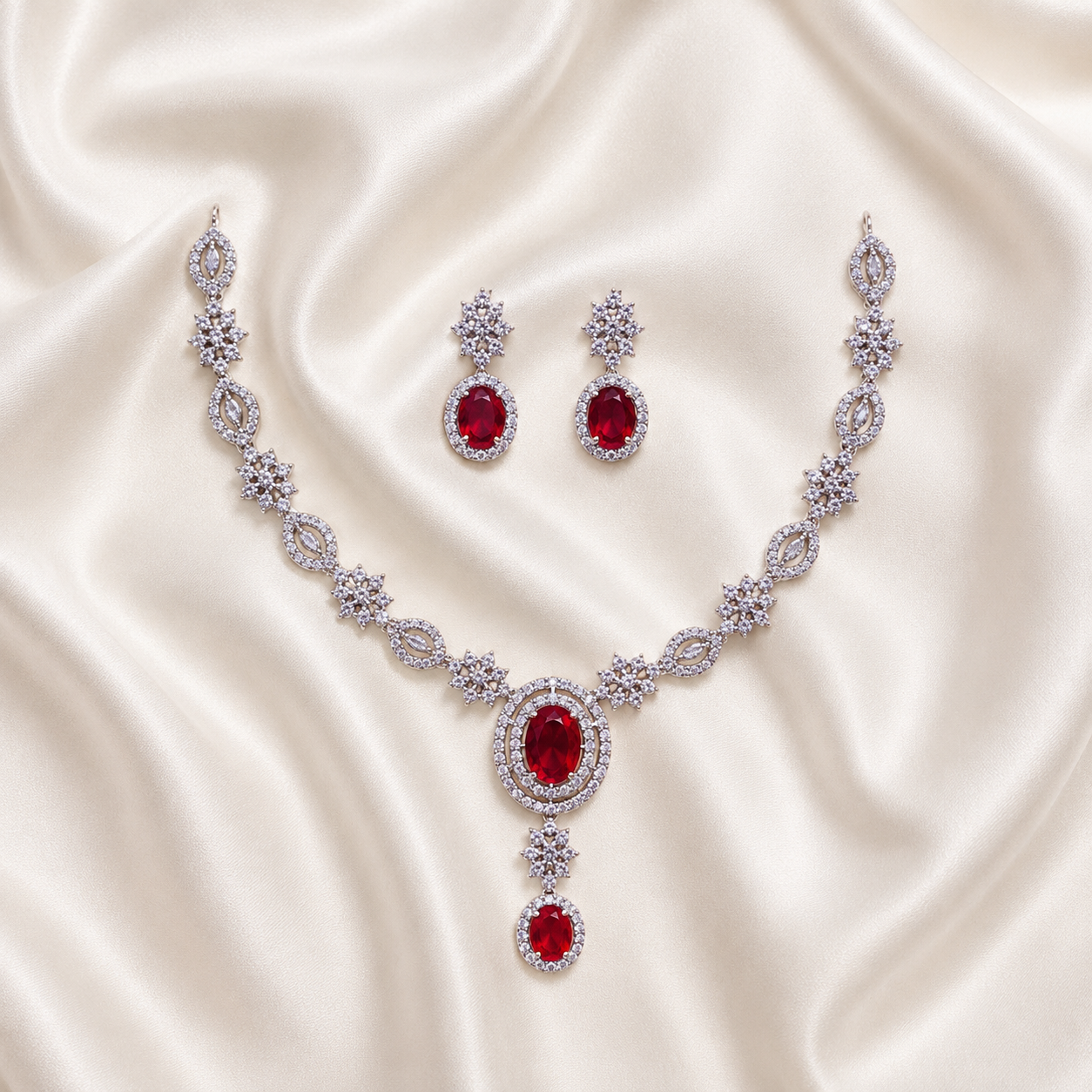 Elyselle Luna Ruby AD Necklace Set on satin background